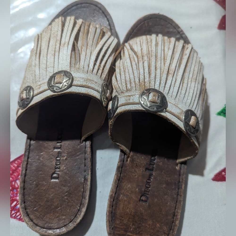 Diego De LuccaWomen's Fringe Mules - Cream and Brown - Picture 2 of 6